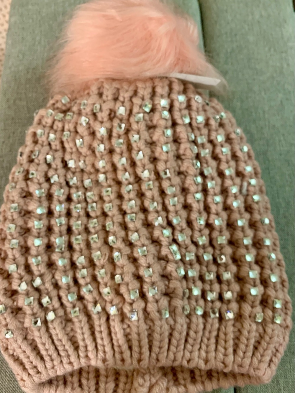 Embellished Peach Knit Pom Beanie with very warm fleece lining